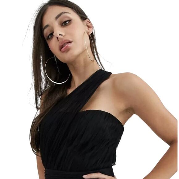 ASOS Tulle Draped One Shoulder Gown Wired Hem Maxi Dress Black NEW Womens 6 Tall - Picture 2 of 8